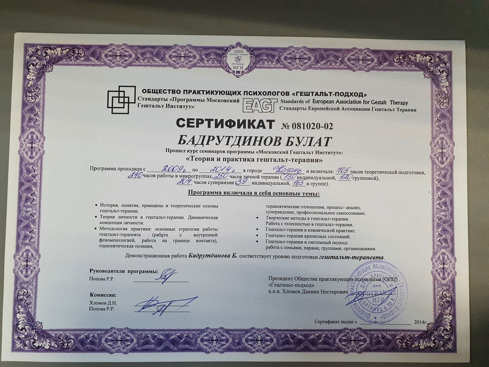 Сертификат "Теория и практика гештальт-терапии"